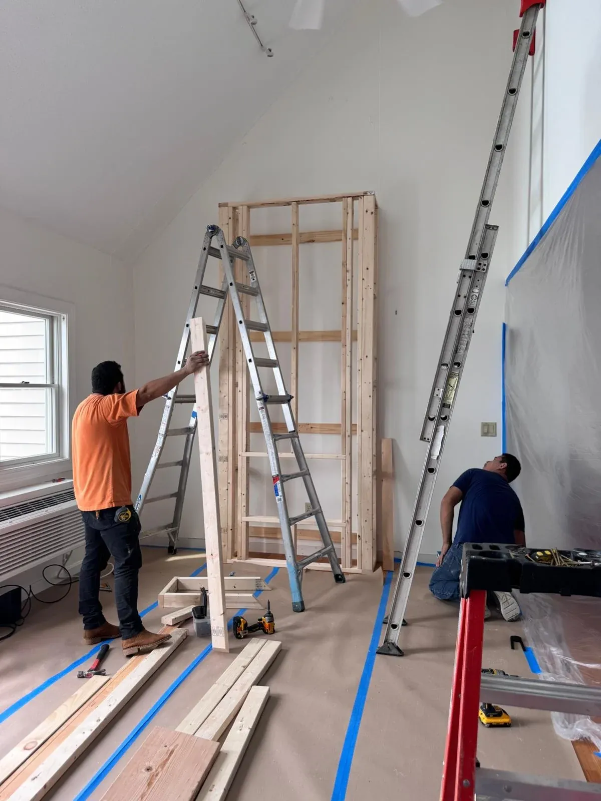 Fireplace wall with built-in bookshelves — Water St, Beverly MA