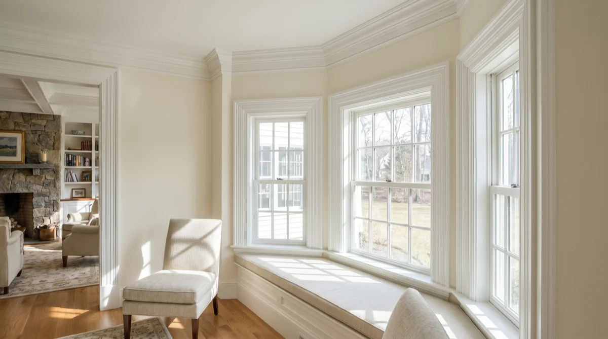 Close-up of finished interior trim installation with coped crown molding corner on a North Shore MA home