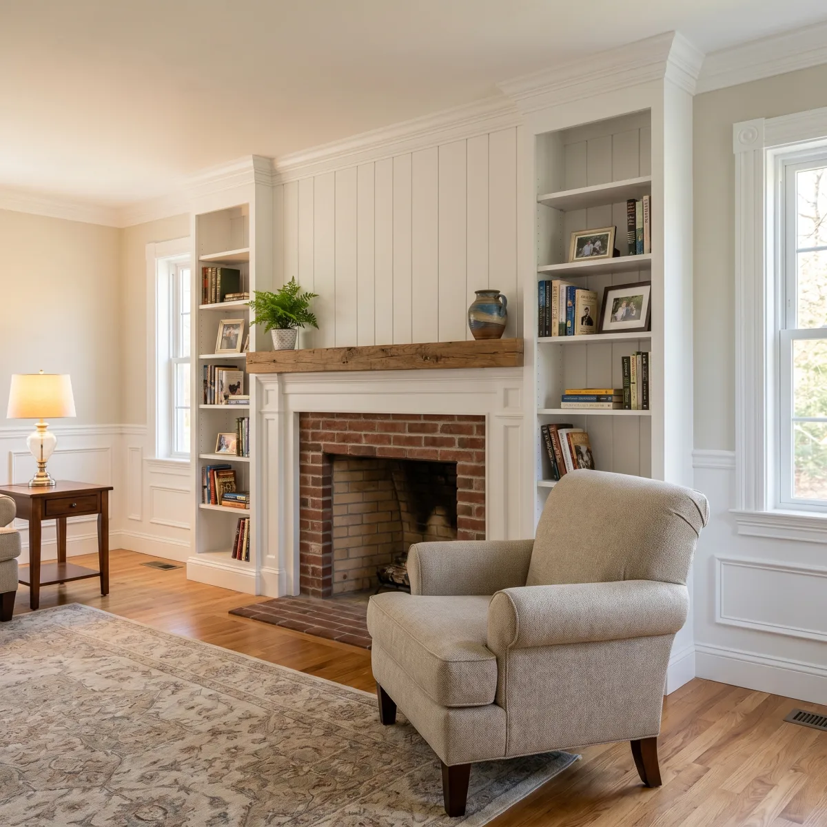 Custom carpentry and trim — fireplace wall with built-in shelving